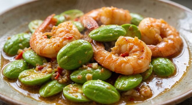 Stir fried stink beans with prawns and shrimp paste Sataw Pad Goong Thai food