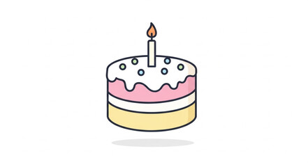 Simple cartoon birthday cake with one lit candle.