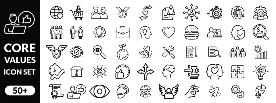 Core values  icon set. Full Vector Outline Style Icons. Vector Stock illustration. big icon set 