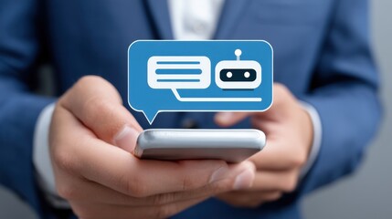 Businessman Engaging with Chatbot Technology on Smartphone for Enhanced Communication
