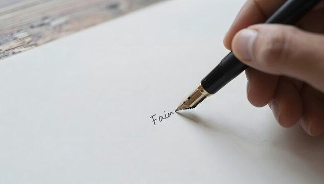 Person's hand writes the word 'fain' on a sheet of paper with a fountain pen