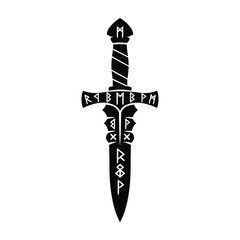 Stylized Black Dagger Silhouette with Runic Inscriptions on White Background