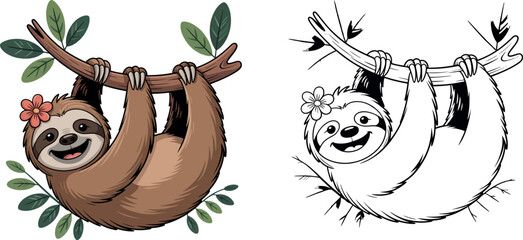 Obraz premium Smiling sloth hanging from branch with leaves and flower cartoon sloth hanging sloth