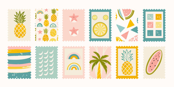 Collection of colorful decorative postage stamps featuring summer fruit and motifs