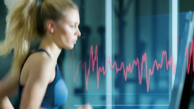 Cardiograph monitors heart rate of caucasian woman running at gym during a workout session, cardiograph over caucasian woman running at gym