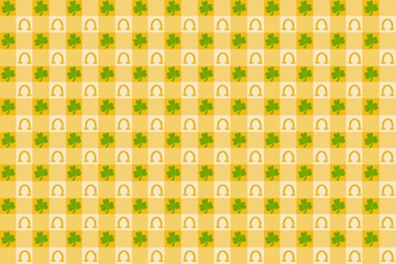 Seamless geometric pattern featuring green squares and leaves with yellow circular ornaments on a vintage tile texture backdrop for wallpaper design