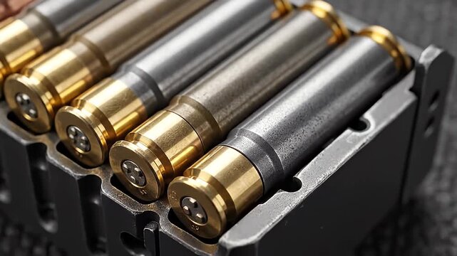 Detailed view of various metallic bullet casings and dummy rounds in a gun magazine