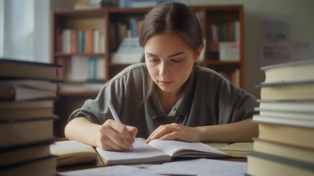 Focused student immersed in study session with books in library setting