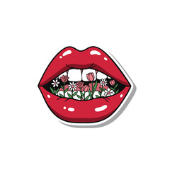 Fototapeta premium Surreal illustration of red lips with flowers inside the mouth. Concept of beauty, expression, creativity, femininity, and inner emotions.