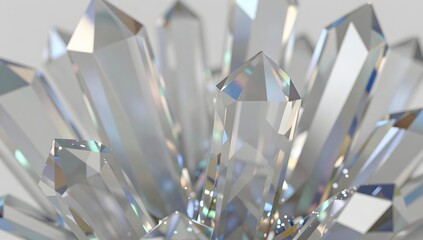 Close up shot of many translucent crystal shards grouped together against plain backdrop