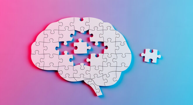 Brain shaped puzzle with missing pieces on a pink and blue gradient background jigsaw incomplete