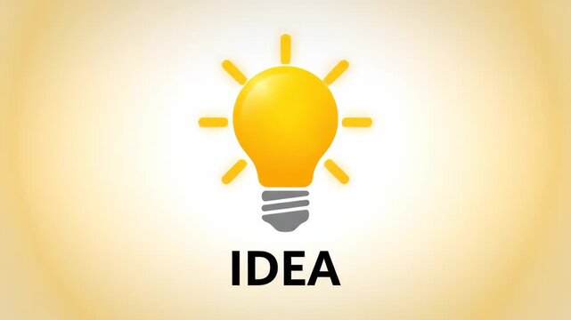Bright yellow light bulb radiating energy with the word I D E A in bold black text against a soft gradient background representing innovation and creativity
