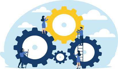 Business Teamwork and Process Optimization Concept Vector Illustration with Gears, Collaboration, Workflow Management, and Corporate Strategy Design