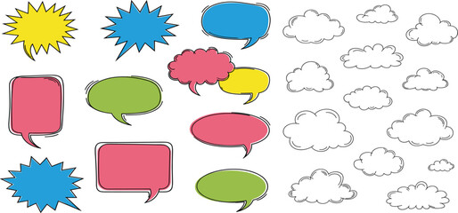 Colorful Speech Bubble and Cloud Shape Set with Comic Starbursts and Chat Message Elements for Dialogue, Communication, and Graphic Design Use