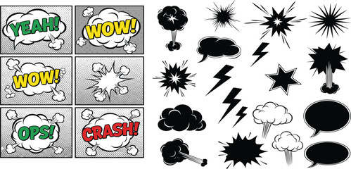 Comic Book Pop Art Panel and Explosion Icon Set with Wow, Yeah, Ops, Crash Text, Lightning Bolts, Smoke Clouds, and Action Symbols
