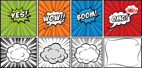 Comic Book Pop Art Panel Set with Yes, Wow, Boom, Omg Sound Effects, Cloud Explosions, Halftone Backgrounds, and Blank Dialogue Frames
