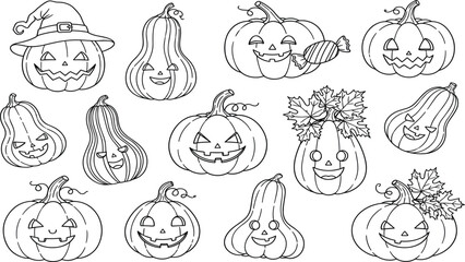 Cute Halloween Pumpkin Line Art Vector Set with Smiling Jack O Lantern Characters, Hand Drawn Outline Style for Stickers, Coloring, and Decorations