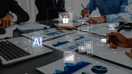 Team Collaboration in Modern Office with Artificial Intelligence Concepts and Data Analysis...