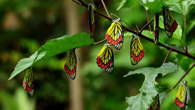 Morning emergence of common jezebel butterflies. Wide natural video showing many freshly emerged Delias eucharis butterflies hanging together on a tree branch