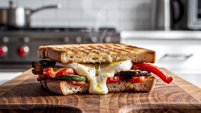 Grilled Vegetable and Mozzarella Sandwich on Wooden Board with Kitchen Background