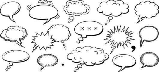 Hand Drawn Speech Bubble Outline Set with Comic Dialogue, Thought Clouds, Doodle Chat Shapes, and Cartoon Communication Elements in Black and White Vector Style