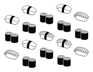 A Whimsical Pattern of Black and White Sushi and Maki Rolls © sayeed