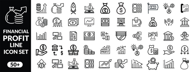 
Financial profit line icon set. Containing Money income, money savings, earnings, money, cash, investment, financial growth and more. Editable stroke. Vector illustration