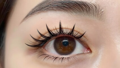 Obraz premium Close up of a brown human eye with decorative false eyelashes applied on the eyelid