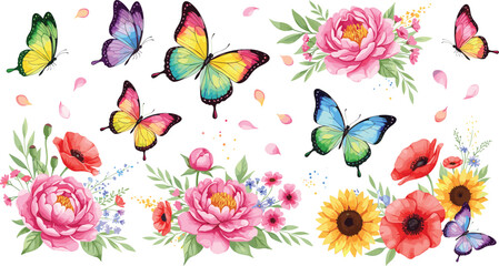 Watercolor butterfly and floral bouquet set with colorful wings, roses, peonies and spring garden vector illustration © sahajahan