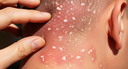 Fototapeta premium Close up of human scalp with red inflamed skin and white flaky patches inflammation redness
