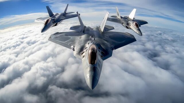 Military fighter jets maneuvering through cloudy skies in a coordinated flight display, Unbranded military fighter jets flying past the camera as viewed from above the clouds