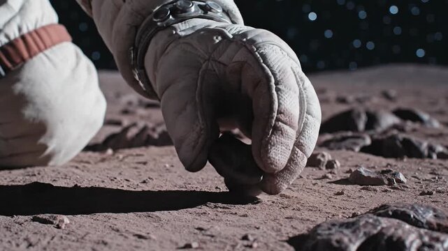 Astronaut picks up rock on Mars surface, space exploration, scientific discovery