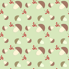 Seamless vector patchwork style pattern with mushrooms and clusters of red rowan berries 