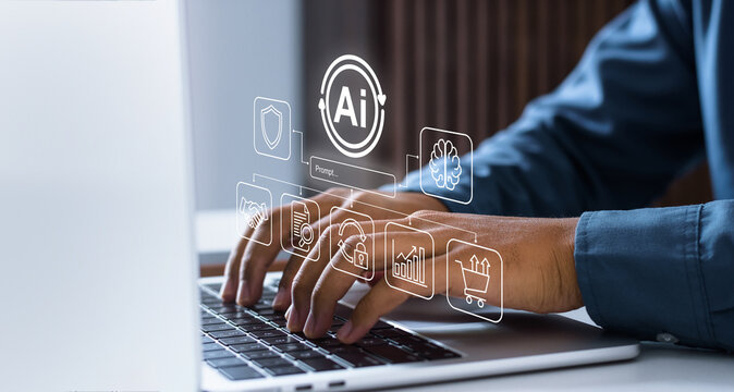 Businessman working with an AI Agents workflow interface showing data processing. Concept of machine learning, business automation, artificial intelligence integration, and smart productivity.