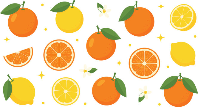 Fresh citrus fruit pattern with oranges and lemons, slices, leaves and blossoms, healthy summer food vector illustration