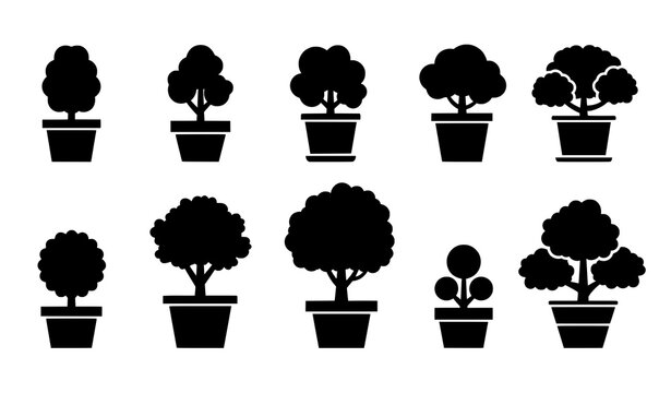 Potted decorative tree silhouette vector set solid black isolated on transparent background