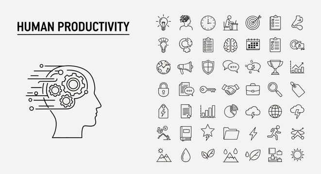 A human head with gears and icons representing human productivity, innovation, and technology advancements in a modern office environment from a lateral viewpoint.