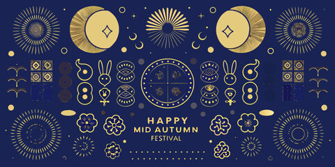 A decorative illustration celebrating the mid autumn festival with lunar and floral motifs