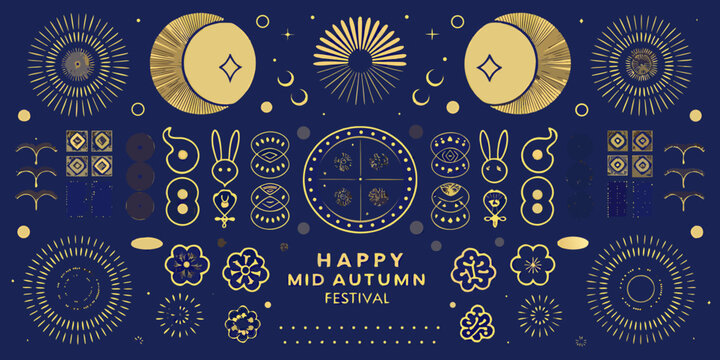 A decorative illustration celebrating the mid autumn festival with lunar and floral motifs