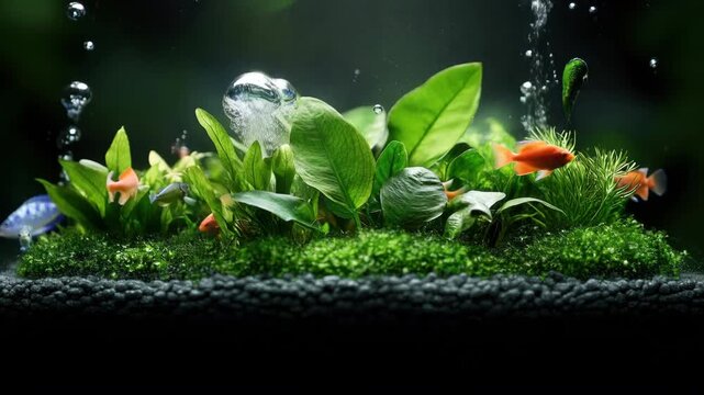 Tropical aquarium fish swimming through lush planted tank with rising air bubbles and soft backlight