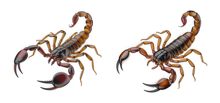 Two brown and black scorpions with curved tails and claws on white background detailed 3d rendering
