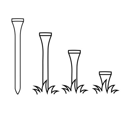 Golf tee icons set, outline sports equipment in different heights on grass for golf tournament and practice vector illustration