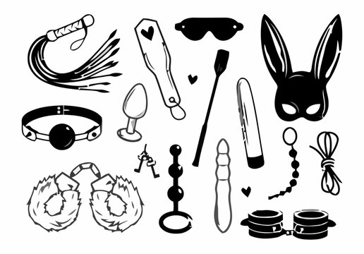 Collection of erotic accessories and fetish gear displayed in a minimalist arrangement on a clean background from a straightforward viewpoint
