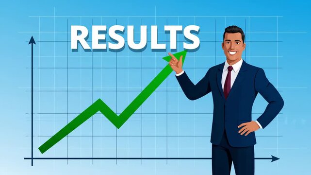 Businessman celebrating successful growth chart pointing upwards green arrow showing positive results and financial progress on grid background