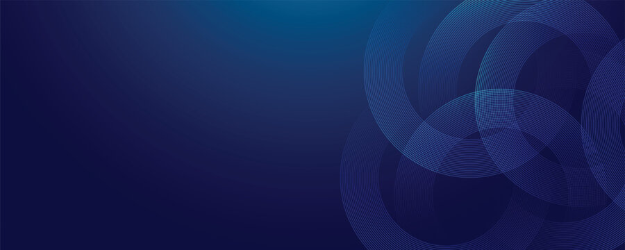 Futuristic abstract gradient background with dynamice circle lines. Dark blue abstract background with overlapping glowing blue circles. Technology concept. Vector illustration