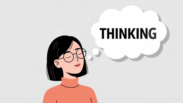 Young woman wearing glasses and orange turtleneck thinking with a large white thought bubble above her head minimalist illustration