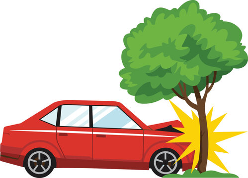 Car crash illustration, red vehicle accident, tree impact graphic, cartoon collision scene, road safety concept, damaged front end, warning burst