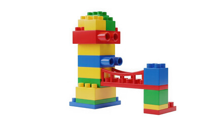 Fototapeta premium Colorful lego tower structure with bridge isolated on transparent background