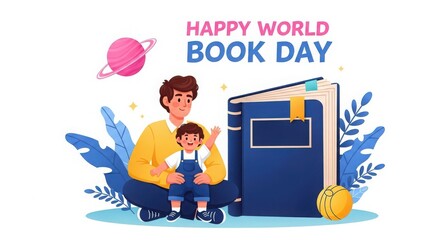 Happy world book day illustration with a man and a child