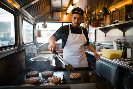 Chef grilling burgers in a bustling food truck kitchen